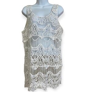 White Ivory Crochet Mesh Sleeveless Tank Swimsuit Coverup Shirt Large Spring
